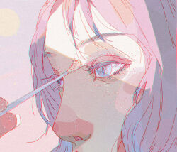 Rule 34 | 1girl, applying makeup, blue eyes, blush, chromatic aberration, close-up, commentary, english commentary, fingernails, glitter, long eyelashes, looking ahead, mascara wand, mouth out of frame, nose blush, orb, original, parted bangs, pastel colors, purple background, purple hair, red nose, simple background, solo, xi zhang