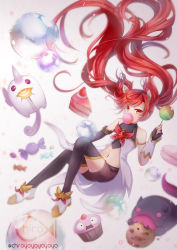 Rule 34 | 1girl, alternate costume, asymmetrical gloves, cake, candy, chiroyo, cupcake, elbow gloves, food, gloves, hair ornament, jinx (league of legends), league of legends, long hair, looking at viewer, magical girl, navel, red eyes, red hair, shorts, solo, star guardian (league of legends), star guardian jinx, thighhighs, twintails, uneven gloves, watermark