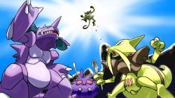 Rule 34 | claws, commentary request, creatures (company), donnpati, from below, game freak, gen 1 pokemon, holding, holding spoon, kadabra, looking up, mankey, nidoking, nintendo, open mouth, outdoors, pokemon, pokemon (creature), sharp teeth, spoon, teeth, tongue, venonat