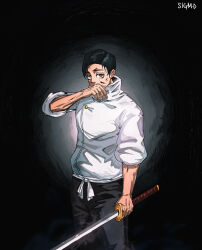 Rule 34 | 1boy, absurdres, black hair, blood, blood on face, covering own mouth, grey eyes, highres, holding, holding sword, holding weapon, jewelry, jujutsu kaisen, junho, katana, looking at viewer, okkotsu yuuta, ring, shirt, solo, sword, upper body, weapon, wedding ring, white shirt