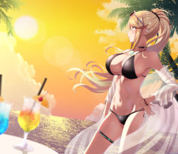 Rule 34 | 1girl, bare arms, bare shoulders, bikini, black bikini, black choker, black scrunchie, blonde hair, blurry, blurry foreground, breasts, cherry, choker, cloud, cup, drink, drinking glass, drinking straw, earrings, eyewear on head, floating hair, food, from side, fruit, hair ornament, hair scrunchie, highres, jewelry, large breasts, lens flare, long hair, mebi il, mythra (xenoblade), navel, nintendo, orange (fruit), orange sky, orange slice, palm tree, ponytail, scrunchie, see-through, sky, solo, standing, stomach, sun, sunglasses, sunset, swimsuit, table, thigh strap, tree, xenoblade chronicles (series), xenoblade chronicles 2, yellow eyes