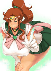Rule 34 | 1990s (style), 1girl, bent over, bishoujo senshi sailor moon, bow, breasts, brown hair, childwife, choker, earrings, elbow gloves, electricity, covered erect nipples, gloves, green eyes, hair bobbles, hair ornament, hanging breasts, huge breasts, jewelry, kino makoto, leotard, long hair, magical girl, miniskirt, pleated skirt, plump, pointing, ponytail, puffy nipples, sailor collar, sailor jupiter, skirt, smile, solo, super sailor jupiter, thick thighs, thighs, tiara, white gloves, wink