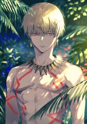 Rule 34 | 1boy, abs, arm tattoo, bare back, bare shoulders, bikkusama, blonde hair, chest tattoo, collarbone, ear piercing, earrings, expressionless, fate/grand order, fate/stay night, fate (series), fern, gilgamesh (fate), hair between eyes, highres, jewelry, looking at viewer, necklace, pale skin, parted lips, pectorals, pectorals, piercing, plant, rain, rainforest, red eyes, short hair, solo, stomach tattoo, tattoo, teeth, topless male, water, wet