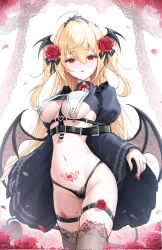 Rule 34 | 1girl, belt, black belt, black thighhighs, blonde hair, blush, breasts, demon girl, demon tail, demon wings, falling petals, flower, hair flower, hair ornament, highres, kira (kira78718520), large breasts, long hair, long sleeves, looking at viewer, navel, open mouth, original, petals, pointy ears, pubic tattoo, red eyes, red flower, red rose, revealing clothes, rose, solo, tail, tattoo, thigh strap, thighhighs, underboob, wide sleeves, wings