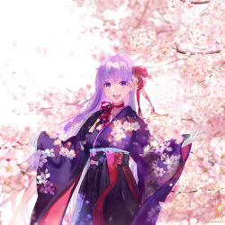 Rule 34 | 1girl, :d, bb (fate), bb (fate/extra), blurry, blush, bow, cherry blossoms, commentary request, cowboy shot, day, depth of field, fate/grand order, fate (series), floral print, hakama, hakama skirt, japanese clothes, kimono, long hair, long sleeves, looking at viewer, open mouth, outdoors, pink bow, print kimono, purple eyes, purple hair, purple hakama, purple kimono, round teeth, shutsuri, skirt, sleeves past wrists, smile, solo, spring (season), teeth, tree, twitter username, upper teeth only, very long hair, wide sleeves