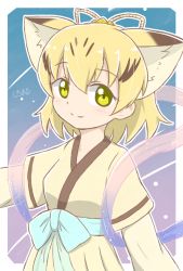 Rule 34 | 10s, 1girl, alternate costume, animal ears, artist name, bad id, bad pixiv id, blonde hair, cat ears, commentary request, cosplay, extra ears, green eyes, highres, japanese clothes, kemono friends, looking at viewer, orihime (cosplay), orihime (tanabata), sand cat (kemono friends), shawl, shiraha maru, short hair, smile, solo