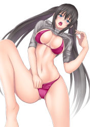 Rule 34 | 1girl, bikini, black hair, blue eyes, breasts, clothes lift, covered erect nipples, large breasts, leg lift, long hair, looking at viewer, muffin (sirumeria), navel, open mouth, original, shirt, shirt lift, simple background, smile, solo, swimsuit, twintails, very long hair, white background