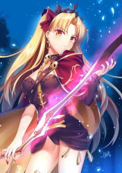 Rule 34 | 1girl, asymmetrical sleeves, bare legs, black detached collar, black dress, blonde hair, blue background, breasts, cameltoe, cape, closed mouth, crown, detached collar, dress, earrings, ereshkigal (fate), fate/grand order, fate (series), female focus, floating hair, glowing, glowing sword, glowing weapon, gradient background, hair ribbon, hand up, head tilt, highres, holding, holding sword, holding weapon, hoop earrings, jewelry, legs, light particles, long hair, long sleeves, looking at viewer, medium breasts, nail polish, neck, ogatsu fukuin, orange eyes, outdoors, parted bangs, red cape, red nails, red ribbon, ribbon, serious, short dress, skull, solo, standing, sword, tohsaka rin, two side up, type-moon, uneven sleeves, very long hair, weapon