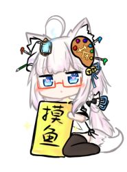 Rule 34 | 1girl, ahoge, animal ears, bailingxiao jiu, bell, black bow, black thighhighs, blue eyes, blue ribbon, blush, bow, braid, canvas (object), chibi, fox mask, full body, glasses, glowing, hair bell, hair bow, hair ornament, hair ribbon, heart, heart-shaped pupils, holding, holding sign, jingle bell, lantern, long hair, looking at viewer, mask, no shoes, original, paintbrush, parted lips, red-framed eyewear, ribbon, semi-rimless eyewear, sidelocks, sign, silver hair, simple background, sitting, solo, sparkle, symbol-shaped pupils, tail, thighhighs, translation request, under-rim eyewear, very long hair, wariza, white background, wolf ears, wolf girl, wolf tail