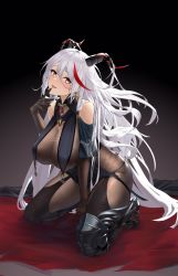 Rule 34 | 1girl, aegir (azur lane), asymmetrical footwear, azur lane, bare shoulders, black cape, black gloves, bodystocking, boots, breast curtains, breasts, cape, cross, cross earrings, demon horns, earrings, finger to mouth, full body, gloves, hair on horn, high heels, horns, iron cross, jewelry, knee boots, long hair, looking at viewer, multicolored hair, red hair, sagging breasts, simple background, single knee boot, skin tight, solo, streaked hair, touristdw, uneven footwear, very long hair, white hair, yellow eyes