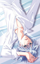 Rule 34 | 1boy, bed sheet, blue eyes, collarbone, from above, hand on own head, higashiyama kazuko, leroy sulzkaya, looking at viewer, lying, male focus, on back, parted lips, partially unbuttoned, partially undressed, pet detective y&#039;s, shirt, short hair, solo, white shirt
