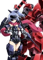 Rule 34 | 1girl, absurdres, arm cannon, bare shoulders, black gloves, black leotard, black thighhighs, blue eyes, blue hair, elbow gloves, frame arms, frame arms girl, gloves, green eyes, headgear, high ponytail, highres, jinrai (frame arms), jinrai (frame arms girl), leotard, looking at viewer, mecha, mecha musume, robot, scarf, short hair, strapless, strapless leotard, sword, thighhighs, thighs, weapon, white background