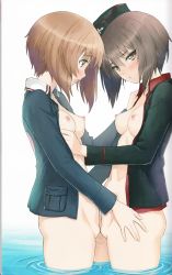 Rule 34 | 10s, 2girls, absurdres, ass, blush, bottomless, breasts, brown eyes, brown hair, girls und panzer, groin, hat, highres, hug, incest, military, military uniform, multiple girls, navel, nipples, nishizumi maho, nishizumi miho, no pussy, non-web source, pussy juice, short hair, small breasts, tony taka, uniform, water, yuri