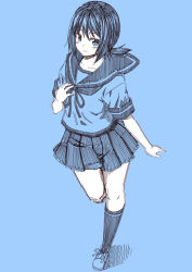 Rule 34 | 10s, 1girl, blue background, blue theme, collarbone, from above, fubuki (kancolle), full body, hand on own chest, kantai collection, kneehighs, kouji (campus life), low ponytail, md5 mismatch, monochrome, pleated skirt, ponytail, school uniform, serafuku, shoes, short hair, short sleeves, sketch, skirt, smile, socks, solo, standing, standing on one leg, swept bangs, tareme