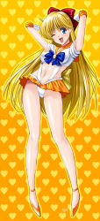 Rule 34 | 1girl, ;d, adapted costume, aino minako, arms up, artist name, back bow, bishoujo senshi sailor moon, blue bow, blue eyes, bow, breasts, center opening, choker, circlet, collarbone, commentary request, covered erect nipples, earrings, elbow gloves, forehead jewel, full body, gloves, hair bow, heart, heart background, high heels, highleg, highres, jewelry, leotard, lingerie, long hair, looking at viewer, magical girl, medium breasts, miniskirt, navel, one eye closed, open mouth, orange choker, orange footwear, orange sailor collar, orange skirt, red bow, sailor collar, sailor senshi uniform, sailor venus, sen (sansui), skirt, smile, solo, standing, strappy heels, underwear, very long hair, white gloves, white leotard, yellow bow