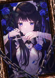 Rule 34 | 1girl, bandaged arm, bandages, black choker, black hair, blue flower, blue ribbon, blue rose, blunt bangs, breasts, chain, choker, crying, crying with eyes open, cutting hair, cutting own hair, flower, highres, holding, holding own hair, holding scissors, jewelry, kappe reeka, maid, maid headdress, medium breasts, necklace, original, purple eyes, ribbon, rose, scissors, solo, tears, twintails