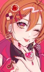 Rule 34 | 1girl, bob cut, brown eyes, brown hair, caracoro, chocolate, dangle earrings, earrings, eyelashes, hair between eyes, hair ornament, highres, jewelry, looking at viewer, meiko (vocaloid), meiko (vocaloid3), multiple hairpins, musical note, nail polish, one eye closed, pink background, project sekai, red nails, ring, short hair, signature, solo, tongue, tongue out, upper body, vocaloid, x hair ornament