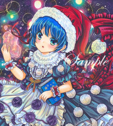Rule 34 | 1girl, :o, apron, blue dress, blue eyes, blue hair, blush, book, bow, cowboy shot, doremy sweet, dot nose, dream soul, dress, frilled apron, frilled cuffs, frilled dress, frilled ribbon, frilled shirt collar, frills, fur-trimmed collar, fur-trimmed headwear, fur trim, hand up, hat, holding, holding book, looking at viewer, marker (medium), nightcap, pom pom (clothes), puffy short sleeves, puffy sleeves, purple background, red bow, red hat, red ribbon, ribbon, rui (sugar3), sample watermark, santa hat, short hair, short sleeves, solo, standing, star (symbol), starry background, touhou, traditional media, waist apron, watermark, white apron, wrist bow, wrist cuffs