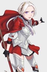 Rule 34 | 1girl, absurdres, armor, armored dress, axe, aymr (fire emblem), black gloves, cape, cowboy shot, edelgard von hresvelg, fire emblem, fire emblem: three houses, fire emblem warriors, fire emblem warriors: three hopes, gloves, hair ornament, hair ribbon, highres, holding, holding axe, leg armor, long hair, looking at viewer, nintendo, open mouth, outstretched arm, peach11 01, purple eyes, purple ribbon, red cape, ribbon, simple background, solo, thighhighs, thighs, white hair, zettai ryouiki