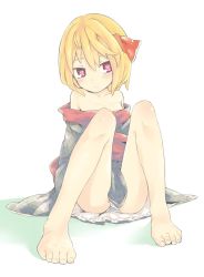 Rule 34 | 1girl, alternate costume, bad id, bad twitter id, bare legs, bare shoulders, barefoot, blonde hair, collarbone, feet, floral print, hair ribbon, heart, heart-shaped pupils, highres, japanese clothes, kimono, md5 mismatch, muchi maro, off shoulder, panties, pantyshot, red eyes, resized, ribbon, rumia, sitting, smile, solo, symbol-shaped pupils, touhou, underwear, white panties
