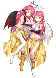 Rule 34 | 2girls, angel wings, asymmetrical legwear, black wings, blush, breasts, chess piece, closed mouth, commentary request, spiked halo, crop top, cross, dual persona, feathered wings, halo, highres, jibril (no game no life), king (chess), large breasts, long hair, looking at viewer, low wings, magic circle, midriff, mismatched legwear, multiple girls, navel, no game no life, orange eyes, pink hair, pixel (yuxian), shoes, sideboob, single shoe, smile, stomach, symbol-shaped pupils, tattoo, very long hair, white wings, wing ears, wings, yellow eyes