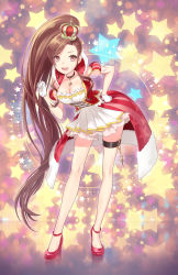 Rule 34 | 1girl, :d, breasts, brown eyes, brown hair, choker, cleavage, crown, detached sleeves, dress, e shiri, frills, full body, gloves, hand on own hip, high heels, highres, leaning forward, long hair, looking at viewer, medium breasts, mikki queen, open mouth, ponytail, red dress, red footwear, shoes, smile, solo, standing, star (symbol), striped clothes, striped dress, thigh strap, umabi, very long hair, white gloves