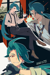 Rule 34 | 1girl, ahoge, armchair, artist name, black necktie, black pants, brown footwear, chair, collared shirt, commentary request, creatures (company), crossed legs, cup, curtains, earrings, game freak, gloves, green hair, highres, holding, holding cup, jewelry, long hair, meiji ken, multiple views, necktie, nintendo, pants, parted lips, pokemon, pokemon sv, ponytail, reverse trap, rika (pokemon), shirt, shoes, sitting, sleeves rolled up, suspenders, teacup, window