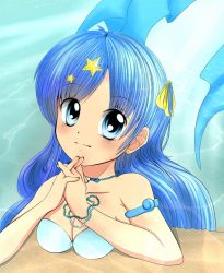 Rule 34 | 1girl, blue eyes, blue hair, collar, hair between eyes, hair ornament, hairclip, highres, houshou hanon, jewelry, long hair, mermaid, mermaid melody pichi pichi pitch, monster girl, necklace, shell, shell necklace, smiley face