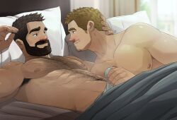 Rule 34 | 2boys, abs, armpit hair, armpit peek, bara, beard, chest hair, couple, covering privates, erection under blanket, facial hair, from side, goatee stubble, hairy, hand on another&#039;s neck, handjob, handjob over clothes, happy, happy sex, highres, jojiart, large pectorals, long sideburns, male focus, mature male, multiple boys, muscular, muscular male, mustache stubble, navel, navel hair, nipples, nude cover, on bed, original, pectorals, sanpaku, seductive smile, short hair, sideburns, sideburns stubble, smile, stomach, stubble, sunlight, thick eyebrows, thick mustache, under covers, yaoi