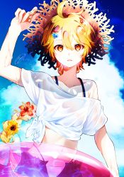 Rule 34 | 1boy, adjusting clothes, adjusting headwear, aether (genshin impact), ahoge, alternate costume, androgynous, blonde hair, blush, bow, braid, cloud, cloudy sky, day, flower, genshin impact, hair bow, hair flower, hair ornament, hairclip, hat, hibiscus, highres, hinachun 00, inflatable raft, long hair, looking at viewer, male focus, navel, open clothes, open shorts, outdoors, parted lips, red flower, see-through, see-through shirt, shirt, short sleeves, shorts, single braid, sky, straw hat, sun hat, sunflower, t-shirt, wet, wet clothes, wet shirt, white bow, white shirt, x hair ornament, yellow eyes, yellow flower