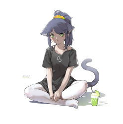 Rule 34 | absurdres, alternate costume, animal ear fluff, animal ears, arknights, black hair, black shirt, blush, bra strap, cat ears, cat girl, cat tail, character name, cup, drink, drinking glass, ears down, english text, food, fruit, full body, green eyes, hair ornament, hair scrunchie, highres, indian style, jessica (arknights), lime (fruit), lime slice, long hair, no shoes, open mouth, own hands together, pantyhose, ponytail, scrunchie, shinnasuka025, shirt, short sleeves, simple background, sitting, tail, white background, white pantyhose