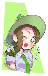 Rule 34 | 1girl, :3, animal ears, asymmetrical hair, blush, border, braid, breast pocket, breasts, brown hair, collared shirt, creatures (company), cropped torso, female focus, fumirumochigashin, game freak, green background, green eyes, green hat, green theme, grey shirt, hair ornament, hairclip, happy, hat, highres, japanese text, juliana (pokemon), long hair, looking at viewer, nintendo, one eye closed, open mouth, outline, pocket, pokemon, pokemon sv, school uniform, shirt, short sleeves, side braid, simple background, single braid, small breasts, smile, solo, sprigatito, sun hat, swept bangs, talking, translation request, upper body, white border, white outline, wink