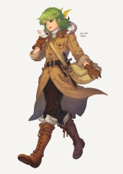 Rule 34 | 1girl, animal, animal on shoulder, arm at side, artist name, belt, black pants, boots, breast pocket, brown coat, brown footwear, brown gloves, cat, cat on shoulder, coat, collared shirt, commentary request, cross-laced footwear, dated, full body, gloves, green eyes, green hair, hair ribbon, half updo, hand up, herayoshi, highres, kiki (herayoshi), knee boots, lace-up boots, long sleeves, looking away, one eye closed, original, pants, pants tucked in, petting, pocket, redrawn, ribbon, shirt, short hair, short sword, simple background, sleeves rolled up, sword, turtleneck, walking, weapon, white shirt, yellow ribbon