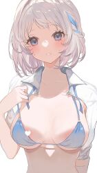 1girl areola_slip bikini bikini_pull blue_bikini blue_eyes blue_hair blue_ribbon blush breasts censored choppy_bangs clothes_pull commentary gakuen_idolmaster heart heart_censor highres idolmaster katsuragi_lilja medium_breasts micro_bikini multicolored_hair neck_ribbon nipple_slip nipples open_clothes open_shirt ribbon shirt short_hair solo strap_pull streaked_hair string_bikini sweatdrop swimsuit two-tone_hair untied_ribbon upper_body white_hair white_shirt yupi_(yuyupiko01)