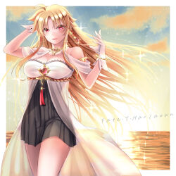 Rule 34 | 1girl, armband, bare shoulders, blonde hair, blue sky, blush, border, breasts, character name, cleavage, cloud, collarbone, commentary, dress, earrings, fate testarossa, gloves, hand in own hair, jewelry, large breasts, long hair, looking at viewer, lyrical nanoha, mahou shoujo lyrical nanoha, mahou shoujo lyrical nanoha strikers, ocean, orange sky, outside border, red eyes, sky, smile, solo, sougetsu izuki, sunset, very long hair, water, white border, white dress