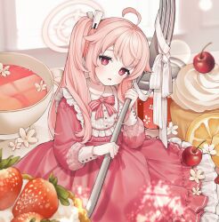 Rule 34 | 1girl, alternate costume, apple, blue archive, blush, buttons, collar, commentary request, desert, dress, flower, food, fork, frilled collar, frilled dress, frills, fruit, hair ornament, hairclip, halo, highres, holding, holding fork, k four nine, korean commentary, light blush, looking at viewer, mini person, minigirl, natsu (blue archive), open mouth, orange (fruit), pink dress, pink hair, pink halo, ponytail, red eyes, ribbon, side ponytail, sitting, solo, strawberry, striped ribbon