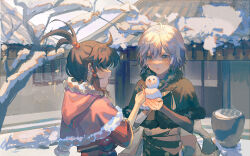 Rule 34 | 2boys, bingzhen yugao, blush, brown hair, candied hawthorn (the tale of food), character request, child, facing another, high ponytail, highres, holding snowman, looking at another, male focus, multiple boys, open mouth, smile, snow, snowman, the tale of food, white hair, yellow eyes