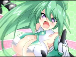 Rule 34 | 10s, 1girl, angry, blush, breasts, cleavage, close-up, green hair, green heart (neptunia), incoming attack, incoming punch, large breasts, long hair, looking at viewer, neptune (series), open mouth, ponytail, punching, purple eyes, solo, symbol-shaped pupils, underboob, vert (neptunia), warabi mochi (ehimedaisuki), wings