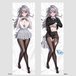 Rule 34 | 1girl, black pantyhose, black sweater, blush, bow, bowtie, breasts, center opening, chigusa minori, closed mouth, collar, collared shirt, dakimakura (medium), full body, green skirt, grey hair, hair ornament, hairclip, highres, large breasts, long hair, long sleeves, looking at viewer, lying, multicolored eyes, multiple views, navel, no bra, on back, open mouth, panties, pantyhose, pleated skirt, saotome shino (shino to ren), shino to ren, shirt, shirt under sweater, skirt, striped bow, striped bowtie, striped clothes, sweater, thighband pantyhose, thighs, torn clothes, torn pantyhose, unbuttoned, unbuttoned shirt, underwear, unworn panties, white collar, white shirt