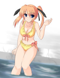 Rule 34 | 00s, 1girl, bikini, blue eyes, blush, bow, breasts, cleavage, cross, female focus, frilled bikini, frills, hair ribbon, johnny (from scratch), latin cross, lyrical nanoha, mahou shoujo lyrical nanoha, mahou shoujo lyrical nanoha strikers, orange hair, pool, poolside, ribbon, sitting, smile, soaking feet, solo, swimsuit, teana lanster, twintails, water, wet