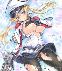 Rule 34 | 10s, 1girl, artist name, at classics, black gloves, black pantyhose, blonde hair, blue eyes, blue skirt, blush, breasts, cameltoe, capelet, cleft of venus, closed mouth, covering privates, covering breasts, cowboy shot, cross, gloves, graf zeppelin (kancolle), groin, hair between eyes, hat, iron cross, kantai collection, large breasts, long hair, long sleeves, looking at viewer, miniskirt, necktie, pantyhose, peaked cap, pleated skirt, sample watermark, skirt, solo, torn clothes, torn pantyhose, traditional media, twintails, watermark