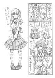 Rule 34 | !, 2girls, 4koma, bbb (friskuser), blank eyes, blunt bangs, bow, business suit, closed eyes, comic, commentary request, cosplay, drinking, formal, girls und panzer, greyscale, highres, long hair, meta, monochrome, multiple girls, nishizumi shiho, open mouth, pantyhose, shimada arisu, shimada arisu (cosplay), shimada chiyo, sidelocks, skirt, smile, spit take, spitting, spoken exclamation mark, striped clothes, striped legwear, striped pantyhose, suit, sweatdrop, translation request, v arms, wide-eyed