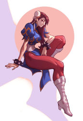 Rule 34 | 1girl, blue dress, boots, bracelet, brown eyes, brown hair, brown pantyhose, bun cover, capcom, china dress, chinese clothes, chun-li, commentary, cross-laced footwear, dress, english commentary, eyeshadow, from side, highres, jewelry, legs, liyart, long hair, looking at viewer, makeup, muscular, muscular female, pantyhose, pelvic curtain, puffy short sleeves, puffy sleeves, sash, short sleeves, side slit, sitting, solo, spiked bracelet, spikes, street fighter, thick thighs, thighs, white footwear