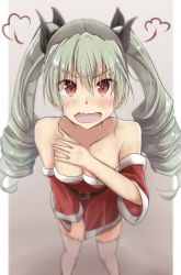 Rule 34 | 1girl, anchovy (girls und panzer), bare shoulders, black ribbon, blurry, blurry background, blush, breasts, christmas, cleavage, commentary, covering privates, covering breasts, depth of field, detached sleeves, dress, dress tug, drill hair, erumu (kongou114), foreshortening, frown, fume, girls und panzer, green hair, grey background, hair ribbon, long hair, looking at viewer, medium hair, off-shoulder dress, off shoulder, open mouth, outside border, red eyes, red sleeves, ribbon, santa costume, santa dress, standing, sweatdrop, thighhighs, twin drills, twintails, v-shaped eyebrows, wavy mouth, white thighhighs