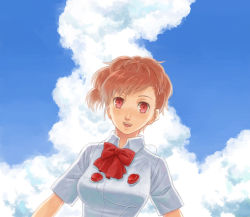 Rule 34 | 1girl, atlus, bad id, bad pixiv id, bow, breasts, brown hair, cloud, day, female focus, hair ornament, headphones, ipcen, outdoors, persona, persona 3, persona 3 portable, red eyes, ribbon, school uniform, shiomi kotone, sky, smile, solo