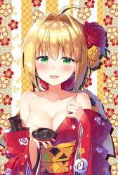 Rule 34 | 1girl, :d, ahoge, alcohol, blonde hair, blush, breasts, cleavage, collarbone, cup, fate/grand order, fate (series), flower, green eyes, hair between eyes, hair intakes, hair ornament, head tilt, holding, japanese clothes, kimono, large breasts, looking at viewer, masuishi kinoto, nero claudius (fate), nero claudius (fate) (all), nero claudius (fate/extra), official alternate costume, open mouth, rose, sakazuki, sake, simple background, smile, solo