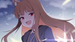 Rule 34 | 1girl, animal ear fluff, animal ears, blush, brown hair, child (isoliya), cloud, fangs, highres, holo, long hair, looking at viewer, open mouth, orange hair, outdoors, red eyes, sky, solo, spice and wolf, teeth, upper body, upper teeth only, wolf ears, wolf girl