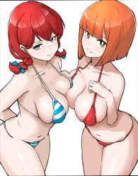 Rule 34 | 2girls, alternate breast size, alternate costume, asymmetrical docking, bikini, blue bikini, blue bow, blue eyes, bob cut, bow, braid, breast press, breasts, cleavage, closed mouth, collar, collarbone, commentary, crossover, female focus, freckles, hair bow, highres, large breasts, looking at viewer, mcdonald&#039;s, mother (yoru mac), multiple girls, navel, niceratus kiotensis, orange hair, product girl, red bikini, red hair, revision, sideboob, simple background, smile, striped bikini, striped clothes, swimsuit, thighs, twin braids, twintails, wendy&#039;s, wendy (wendy&#039;s), white background, yoru mac