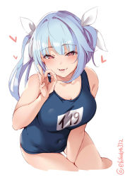 Rule 34 | 1girl, black one-piece swimsuit, blue hair, blush, breasts, collarbone, cropped legs, ebifurya, fellatio gesture, flower-shaped pupils, highres, i-19 (kancolle), kantai collection, large breasts, long hair, name tag, one-piece swimsuit, open mouth, red eyes, school swimsuit, simple background, smile, solo, swimsuit, symbol-shaped pupils, tri tails, twitter username, white background