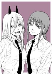 Rule 34 | 2girls, black necktie, braid, braided ponytail, business suit, chainsaw man, collared shirt, cross-shaped pupils, crosshair pupils, demon girl, demon horns, formal, hair between eyes, horns, light smile, long hair, long sleeves, looking at viewer, makima (chainsaw man), monochrome, multiple girls, mztm juju, necktie, open mouth, power (chainsaw man), purple background, ringed eyes, sharp teeth, shirt, smile, suit, symbol-shaped pupils, teeth, very long hair